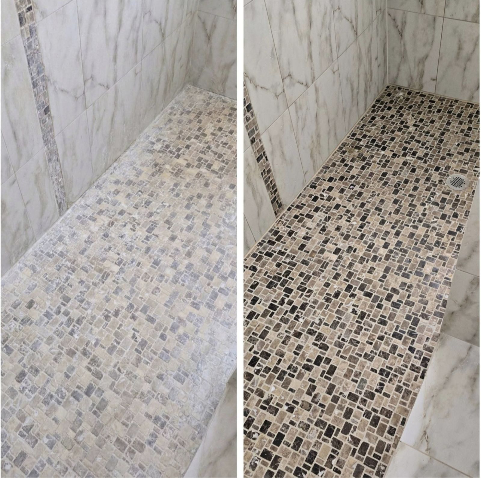 Marble mosaic shower floor before & after cleaning